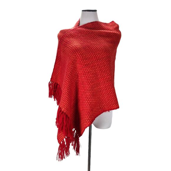 Vintage 80s-90s Peruvian Alpaca Shawl Wrap Red Fringe Trim Handwoven 100% Alpaca - Picture 2 of 12